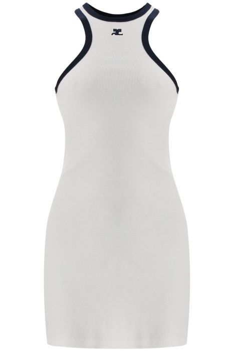 courreges white cotton mini dress with navy blue details and halter neck