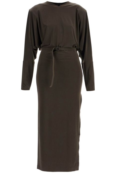 norma kamali brown midi slim long dress with v-neck and side slit