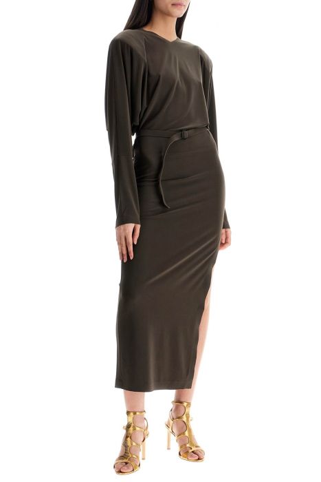 norma kamali brown midi slim long dress with v-neck and side slit