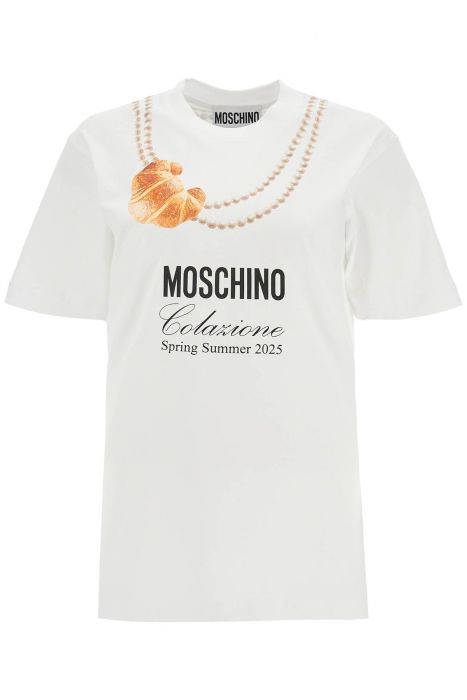 moschino white cotton t-shirt with croissant and pearls print