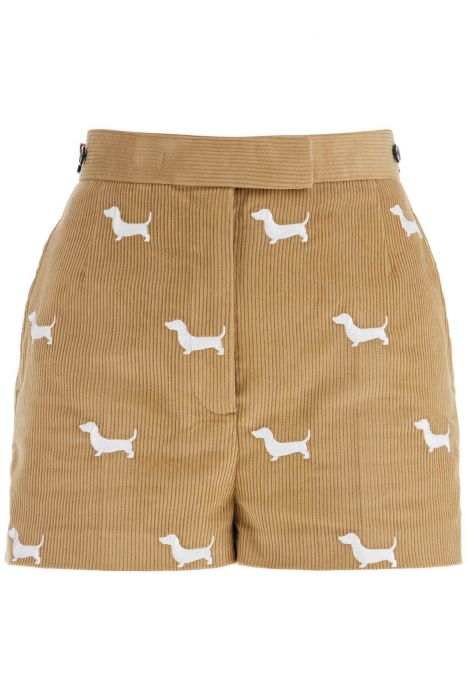 thom browne khaki corduroy shorts with white dog pattern
