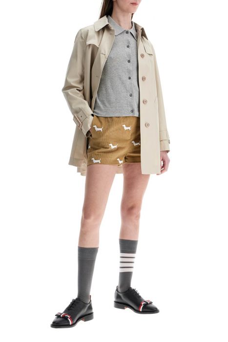thom browne khaki corduroy shorts with white dog pattern