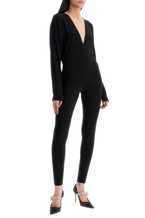 norma kamali black slim fit long sleeve v neck jumpsuit