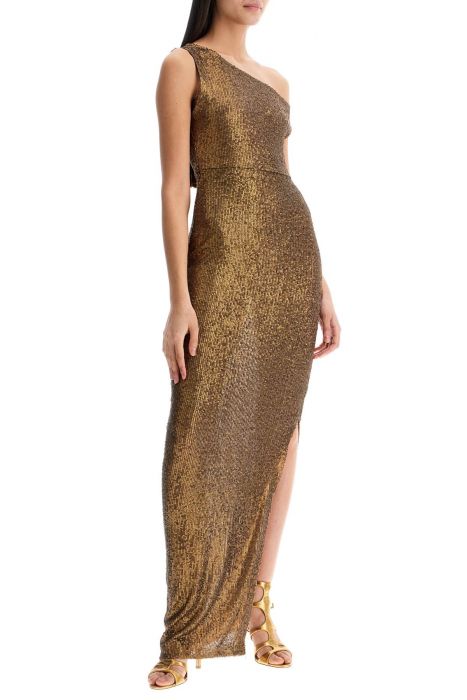 norma kamali abito lungo monospalla con spacco bronzo scintillante