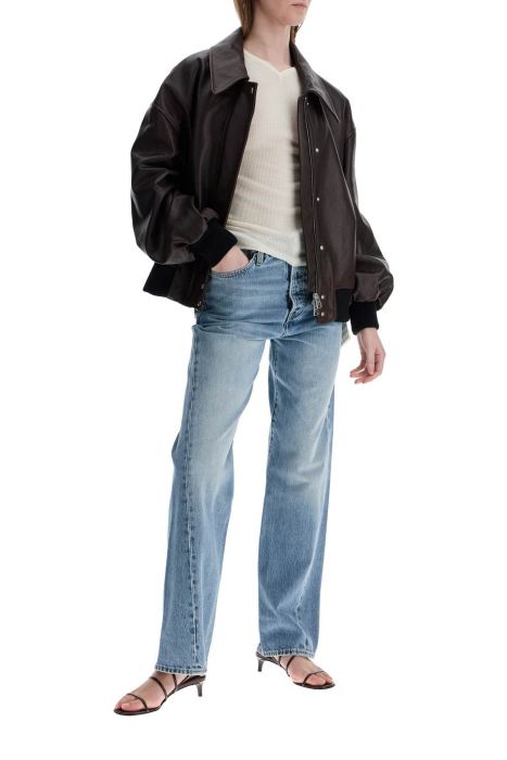 khaite dark brown leather jacket with puff sleeves