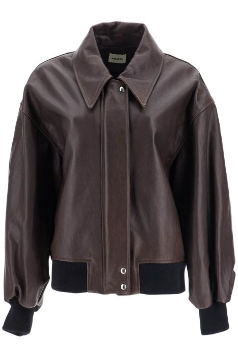 khaite dark brown leather jacket with puff sleeves