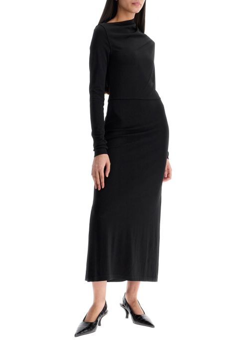 toteme long draped dress with wide neckline in black, long sleeve, slim fit to ankle