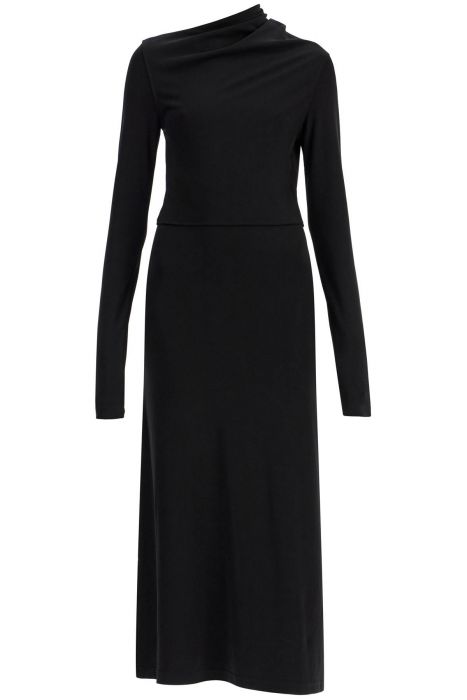 toteme long draped dress with wide neckline in black, long sleeve, slim fit to ankle