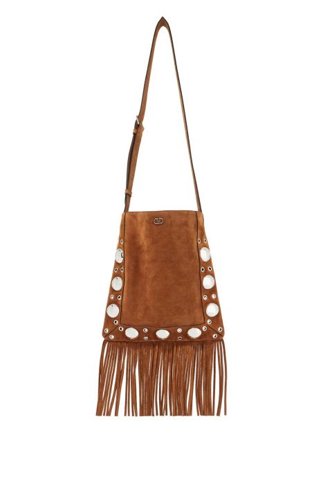 valentino garavani brown copper suede crossbody bag with studs and fringe
