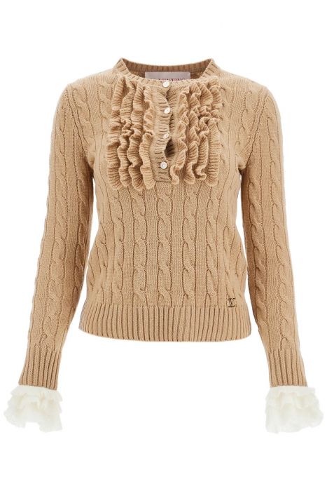 valentino garavani beige and ivory cable knit crew neck sweater