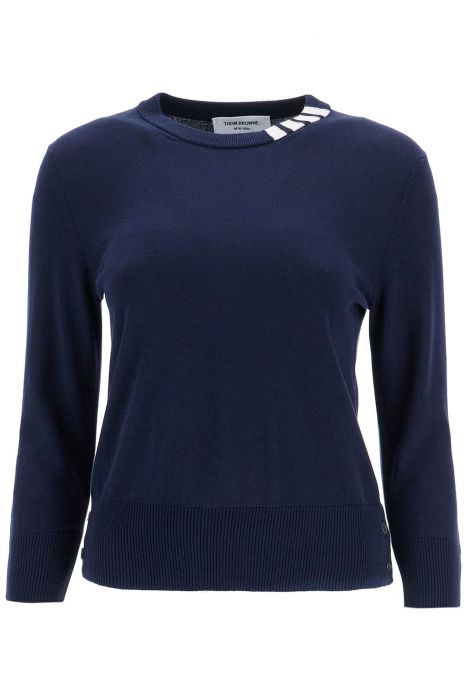 thom browne navy blue cotton sweatshirt with 4 stripes crew neck