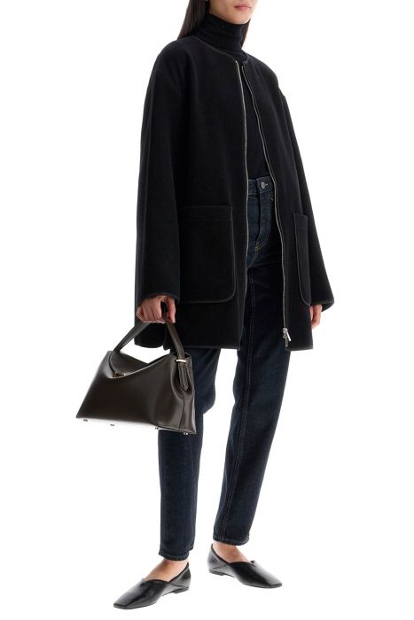 toteme black wool felt high collar jacket with zip