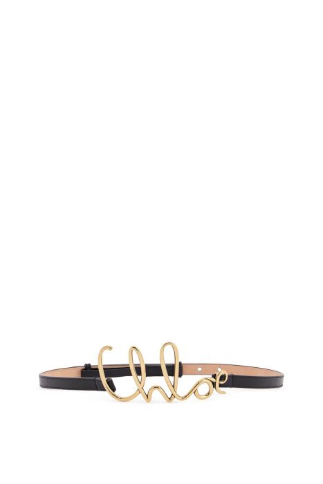 chloe' adjustable black calf leather belt with golden logo