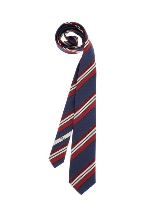 valentino garavani dark blue silk tie with diagonal bordeaux and white stripes