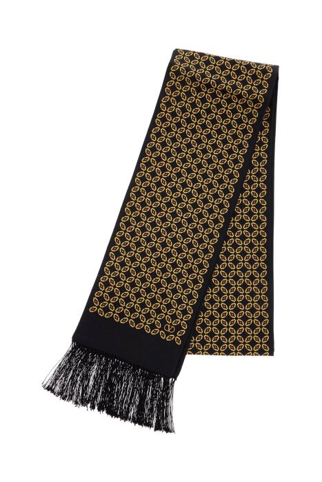 valentino garavani silk bandeau scarf with black, yellow, and orange geometric pattern