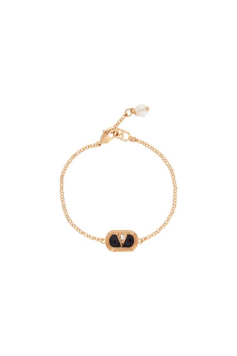 valentino garavani bracciale elegante oro e nero con cristalli e perla