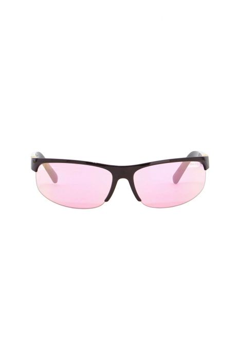 miu miu occhiali da sole avvolgenti marrone scuro metallizzato lenti rosa 2025