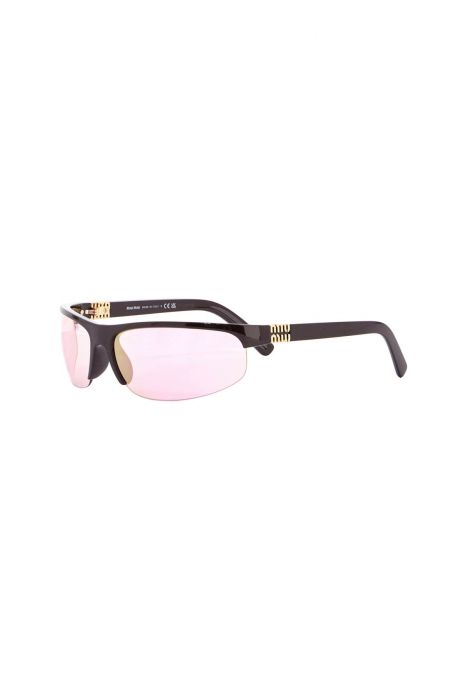 miu miu occhiali da sole avvolgenti marrone scuro metallizzato lenti rosa 2025