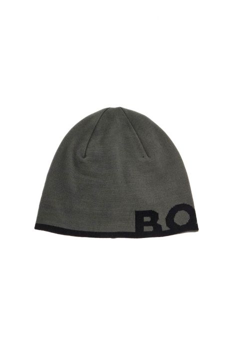boss elegant dark gray wool and acrylic beanie with contrasting logo