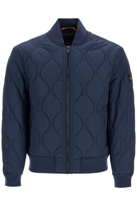 boss dark blue slim fit quilted down jacket with wavy pattern
