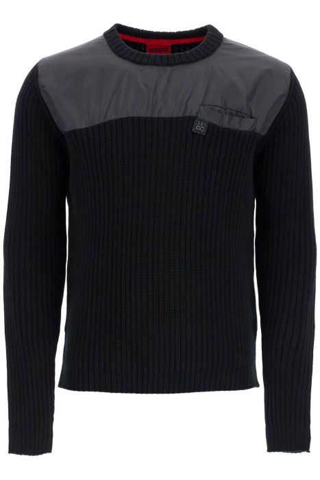 hugo men's black cotton sweater with round neck and pocket