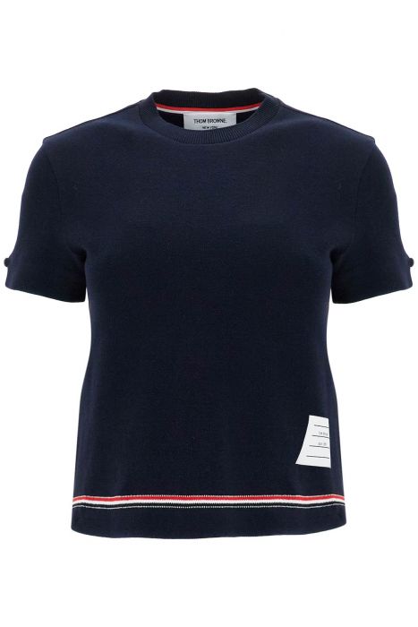 thom browne navy blue piqué cotton t-shirt with tricolor stripe