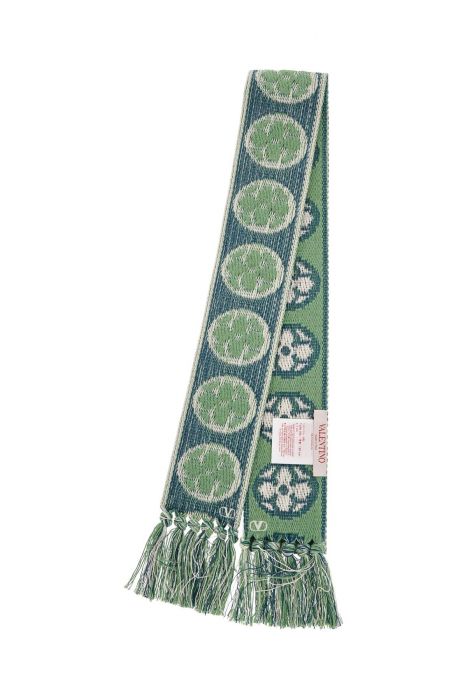 valentino garavani floral cotton scarf with ivory, blue, and aqua fringes